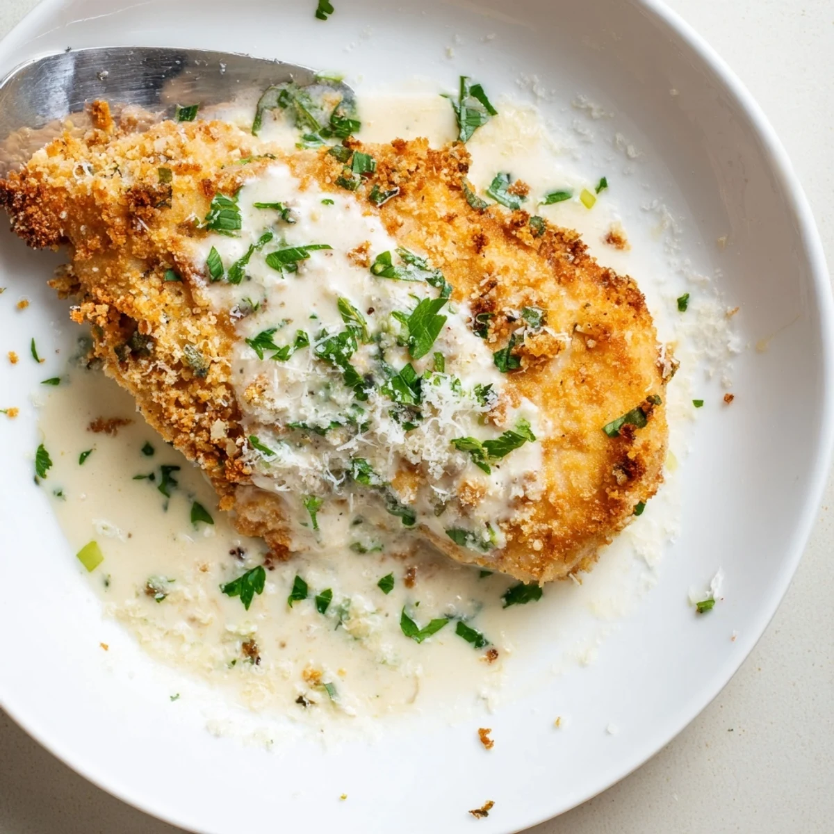 Lemon Pecorino Crusted Chicken With Creamy Lemon Sauce served over steamed greens