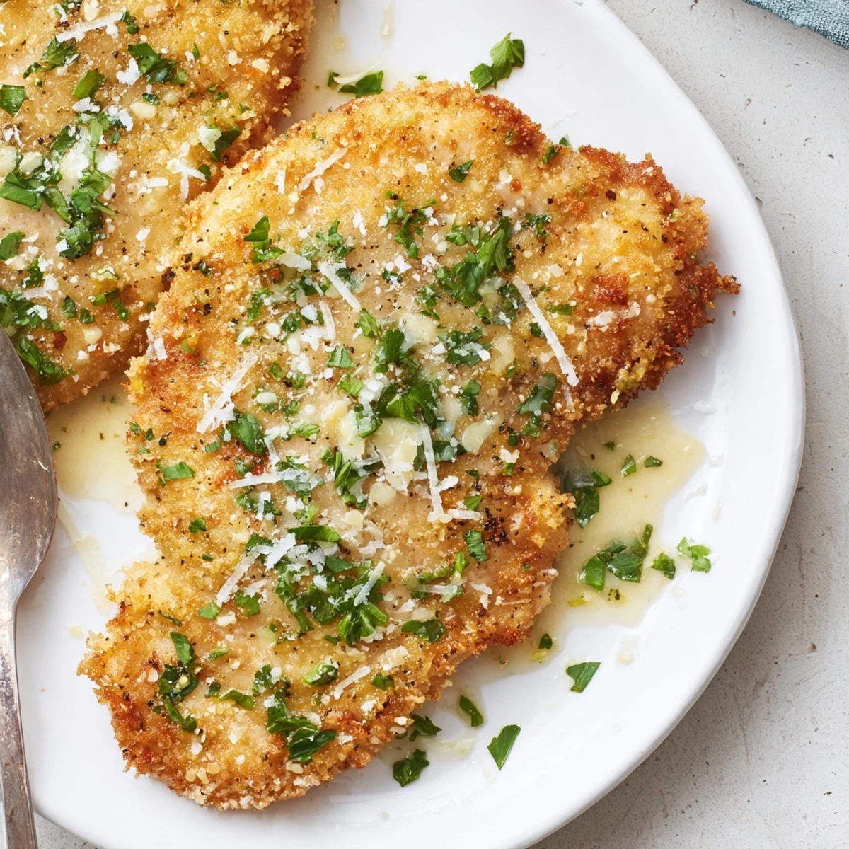 Lemon Pecorino Crusted Chicken With Creamy Lemon Sauce, fork-ready with velvety citrus finish