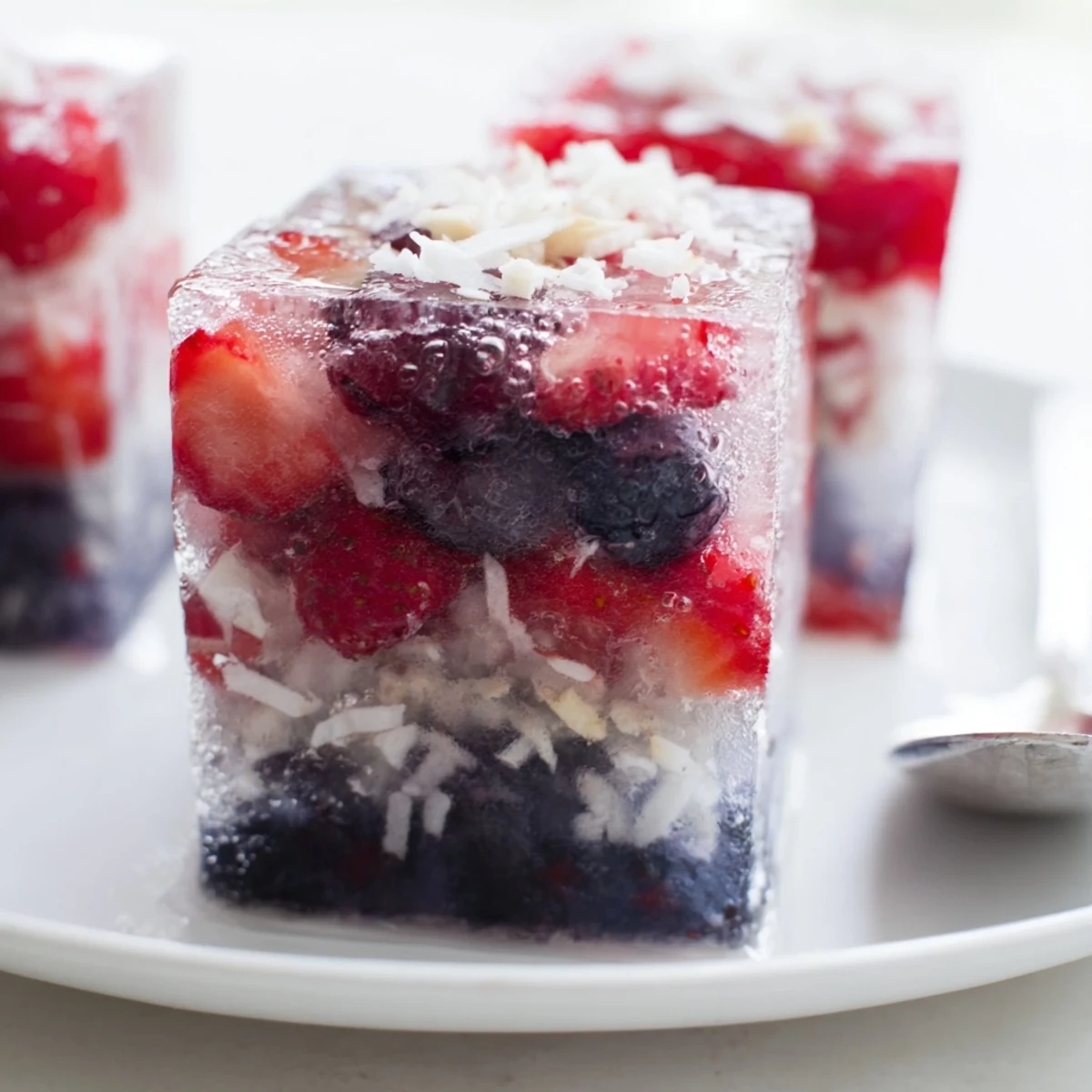 Bright Red White And Blue Ice Cubes Recipe showing berries and creamy coconut middle