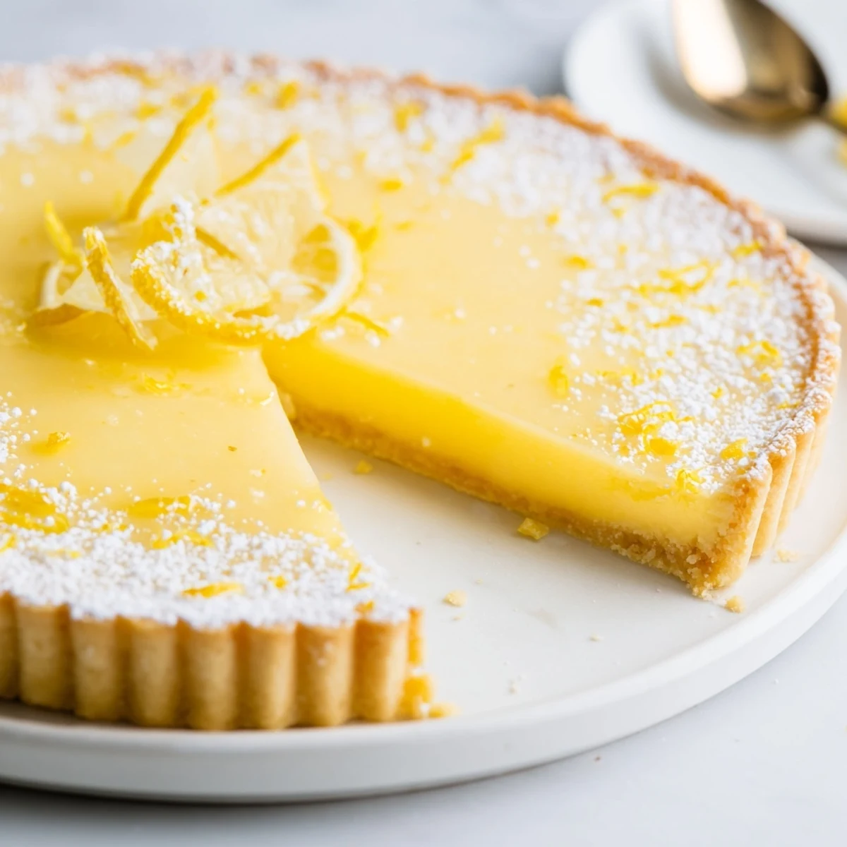 Slice of Creamy Lemon Tart Recipe served with powdered sugar and fresh berries