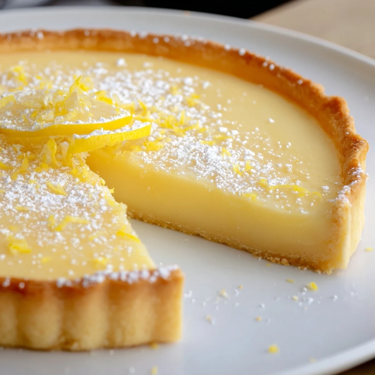 Freshly baked Creamy Lemon Tart Recipe cooling on rack, zesty aroma rising