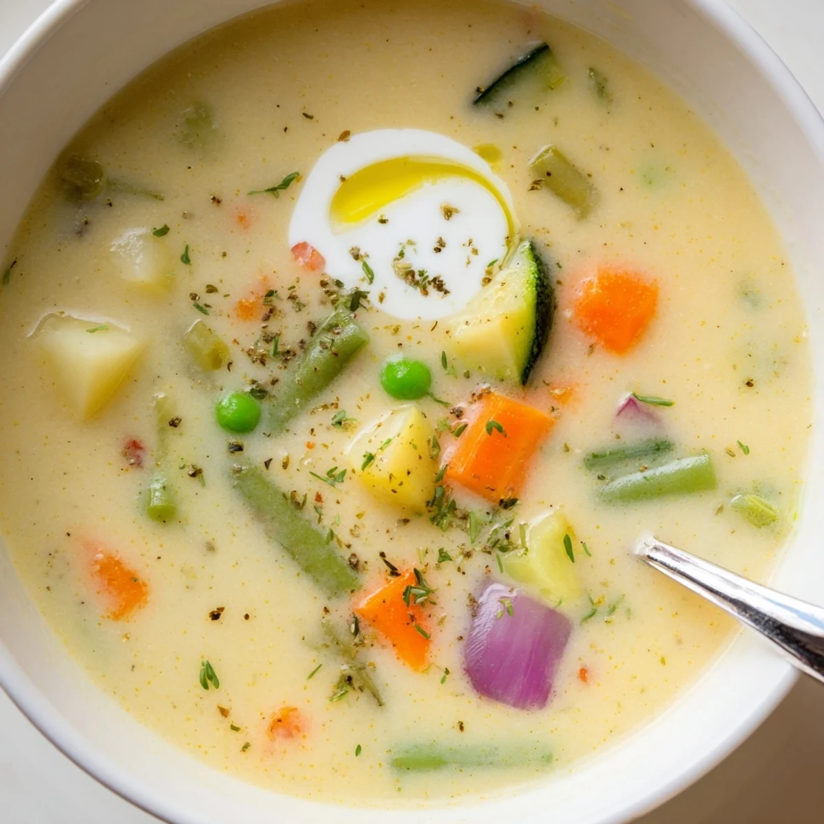 Creamy Vegetable Soup Recipe steaming in bowl, velvety texture and herb garnish