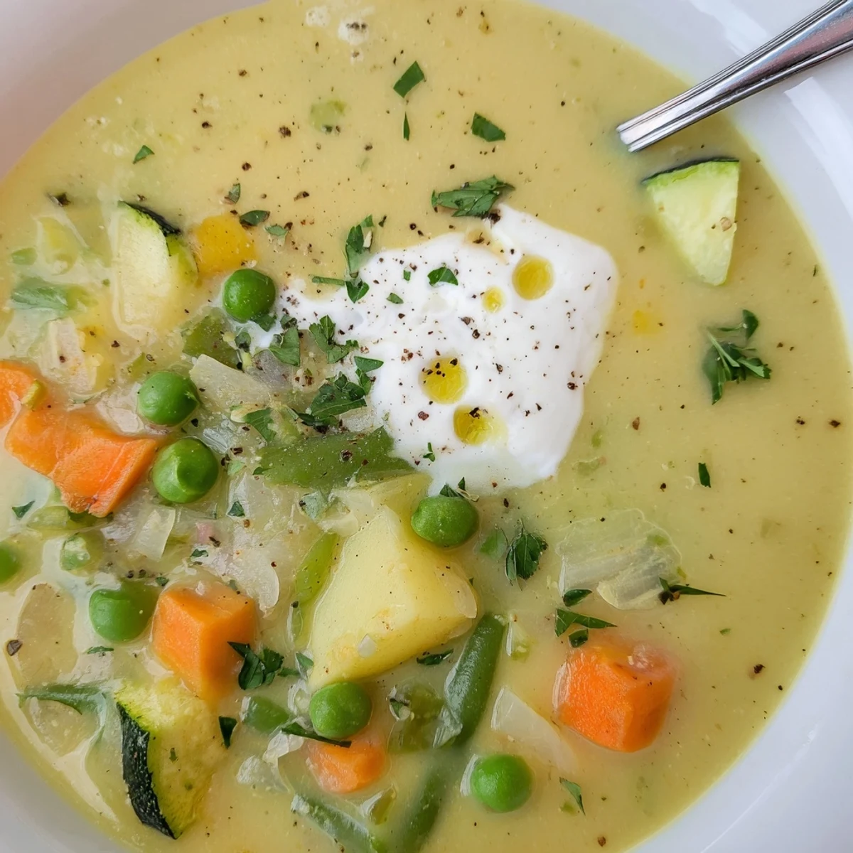Spoon lifting spoonful from Creamy Vegetable Soup Recipe, smooth warmth and fresh parsley