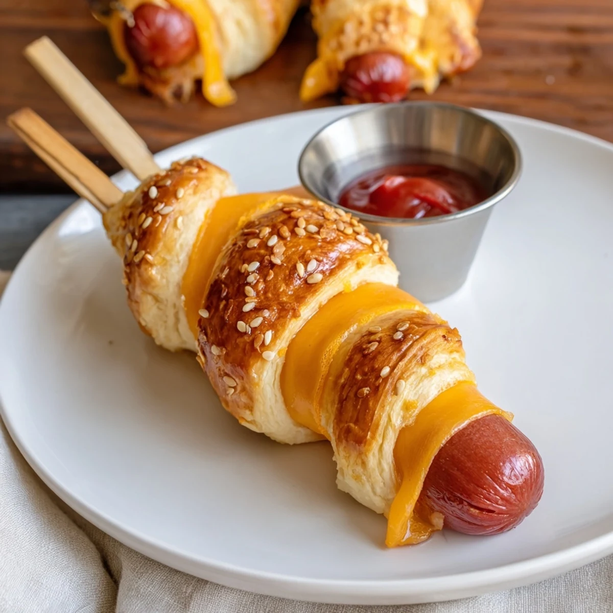 Party ready Firecracker Hot Dogs Recipe skewered, brushed with butter, mustard dip.
