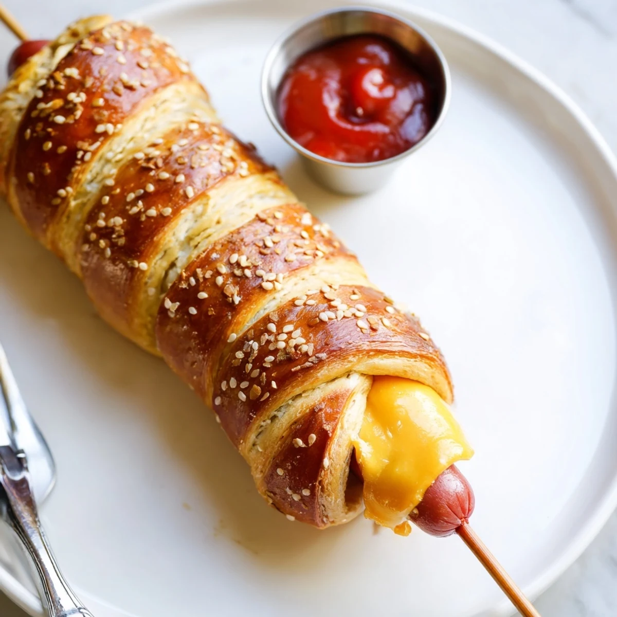 Crisp golden dough surrounds hot dog — Firecracker Hot Dogs Recipe served warm.
