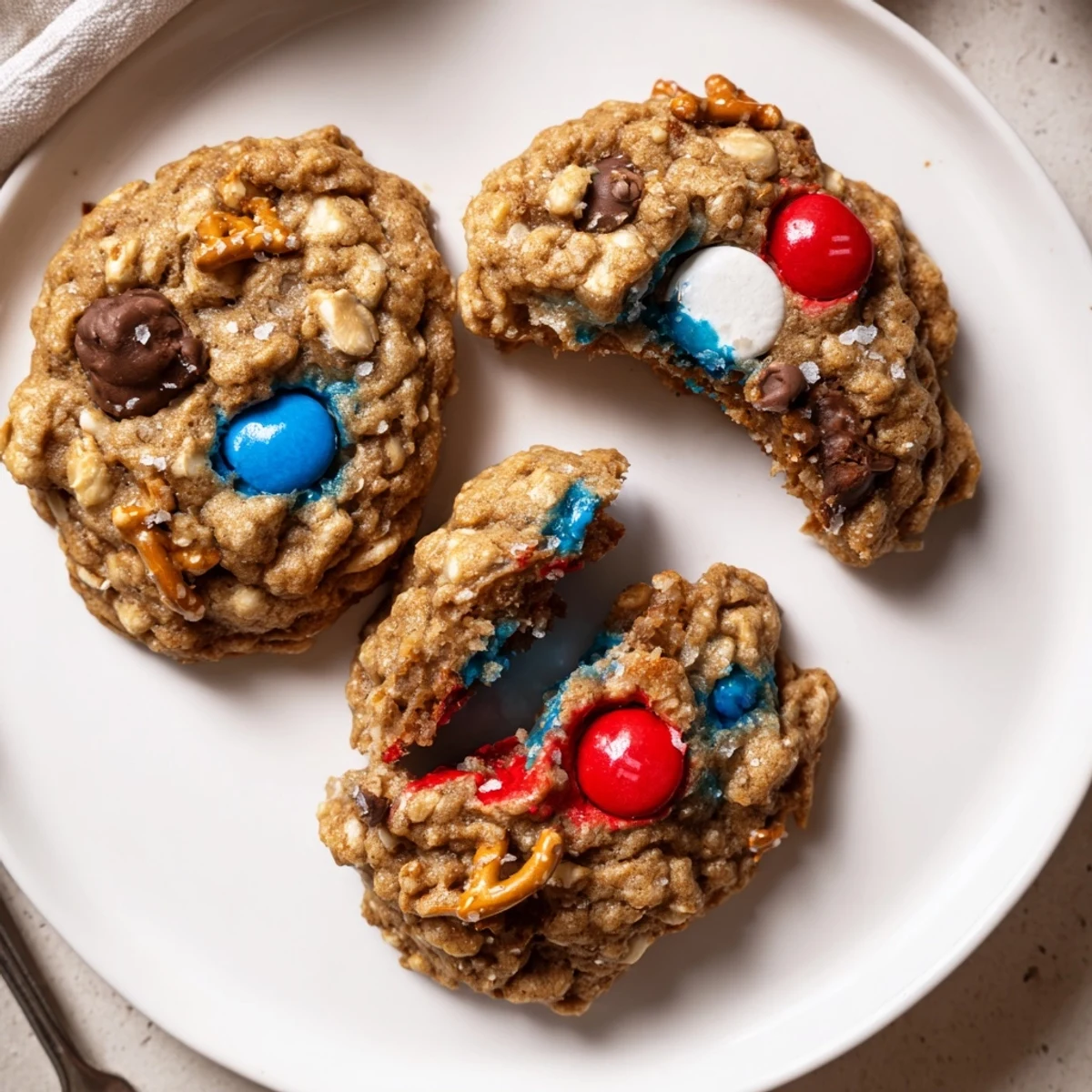 Warm Patriotic Monster Cookies Recipe cooling on rack, oats and candy glistening