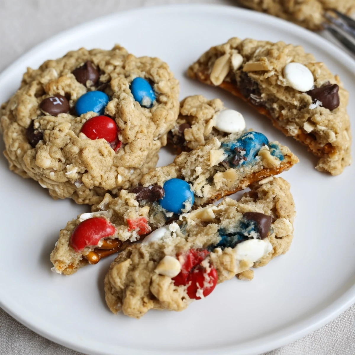 Stacked Patriotic Monster Cookies Recipe with melty chocolate chips, chewy peanut butter