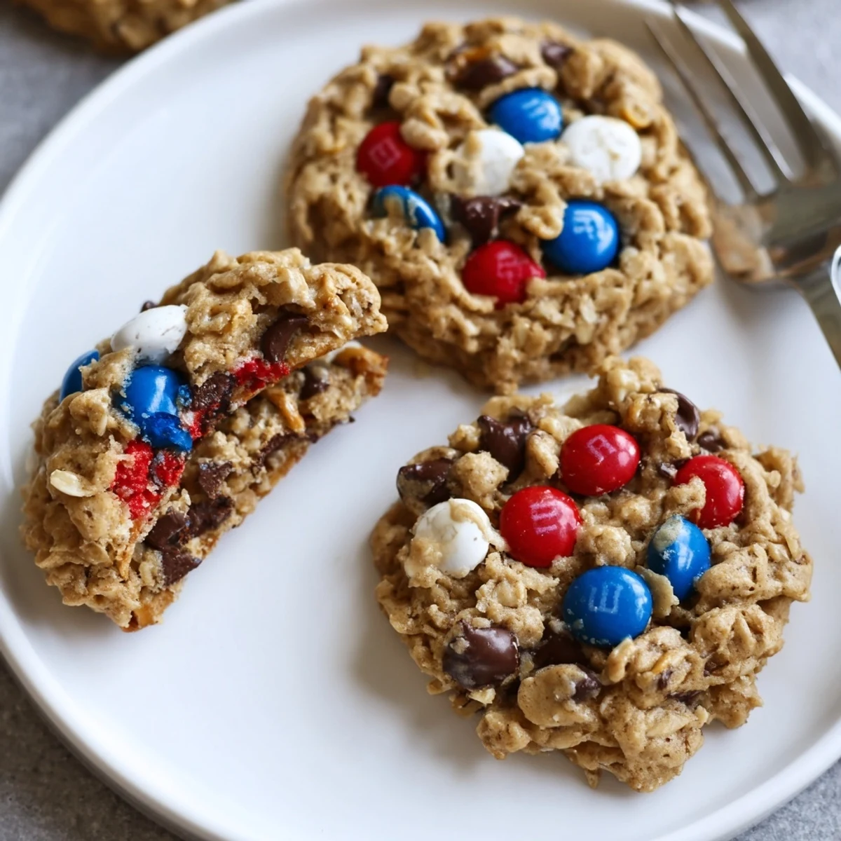 Patriotic Monster Cookies Recipe on parchment, crisp edges, soft centers, ready to serve
