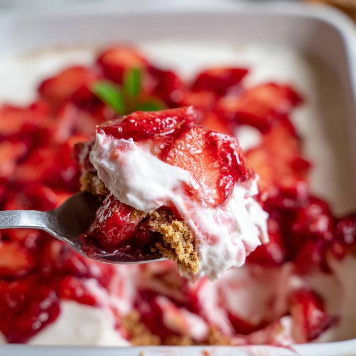 No Bake Strawberry Shortcake Dessert layered with creamy filling, juicy strawberries, chilled