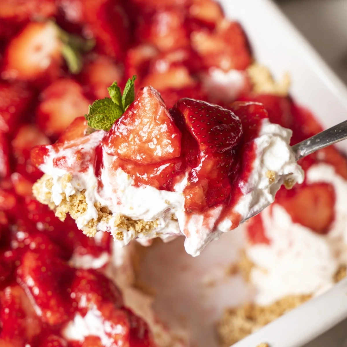 Spoon ready No Bake Strawberry Shortcake Dessert displaying fluffy cream and macerated berries