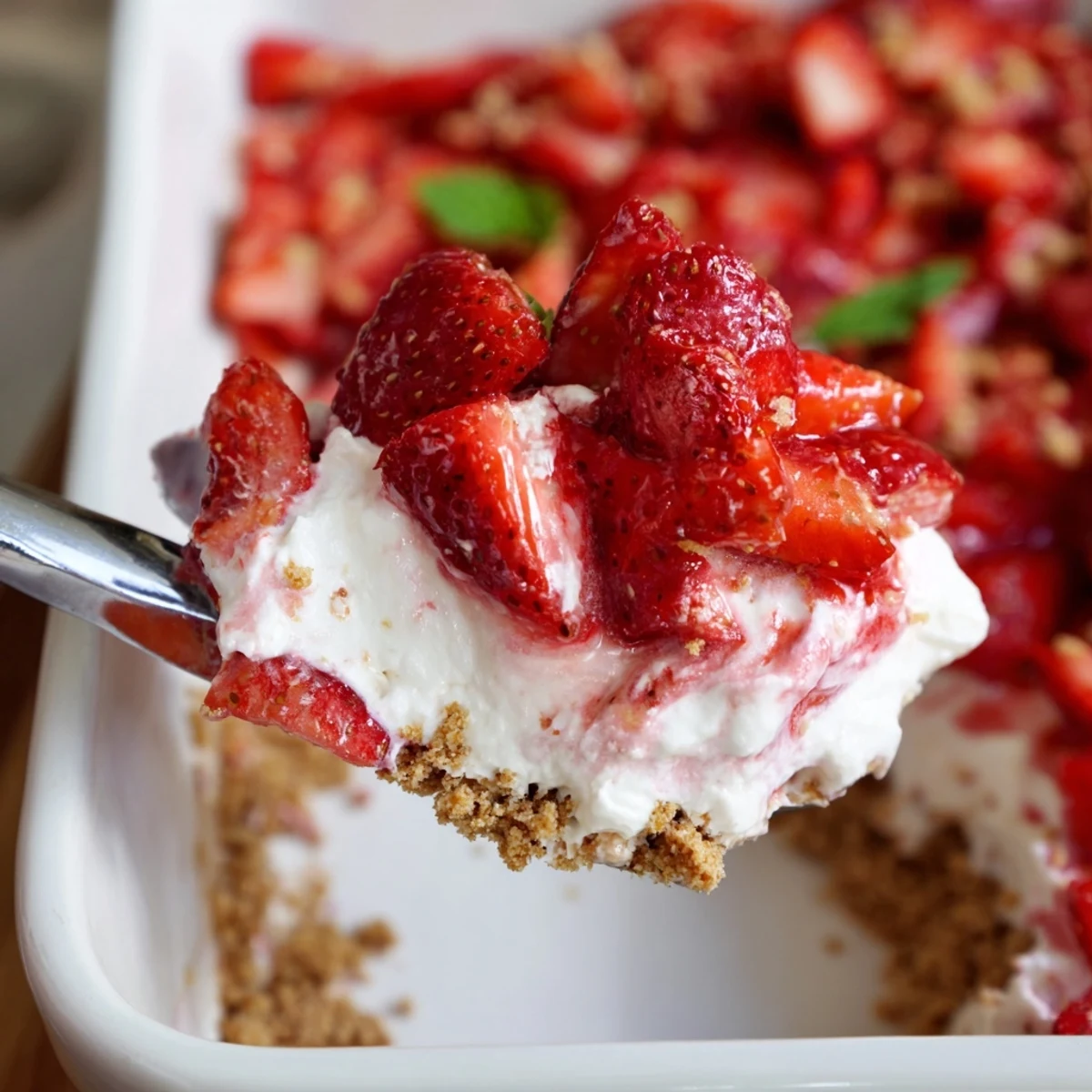Chilled No Bake Strawberry Shortcake Dessert in a dish with graham crumbs