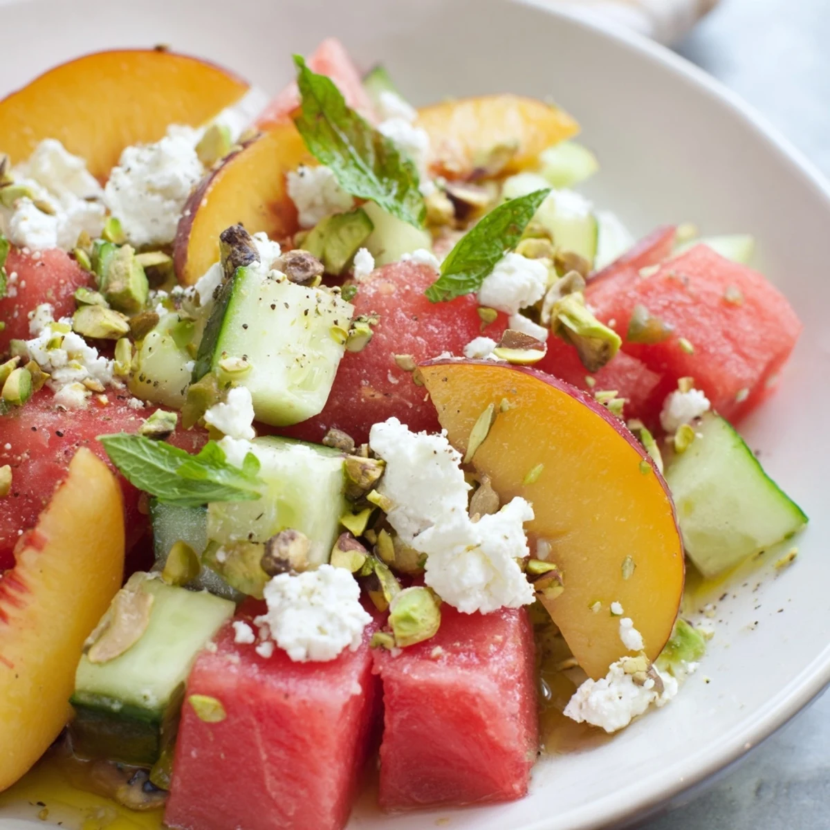 Bright Summer Peach Watermelon Salad tossed with honey-lime dressing and feta