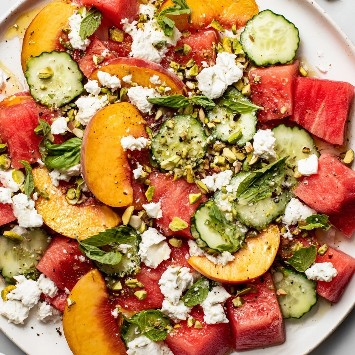 Summer Peach Watermelon Salad with juicy cubes and mint, served chilled