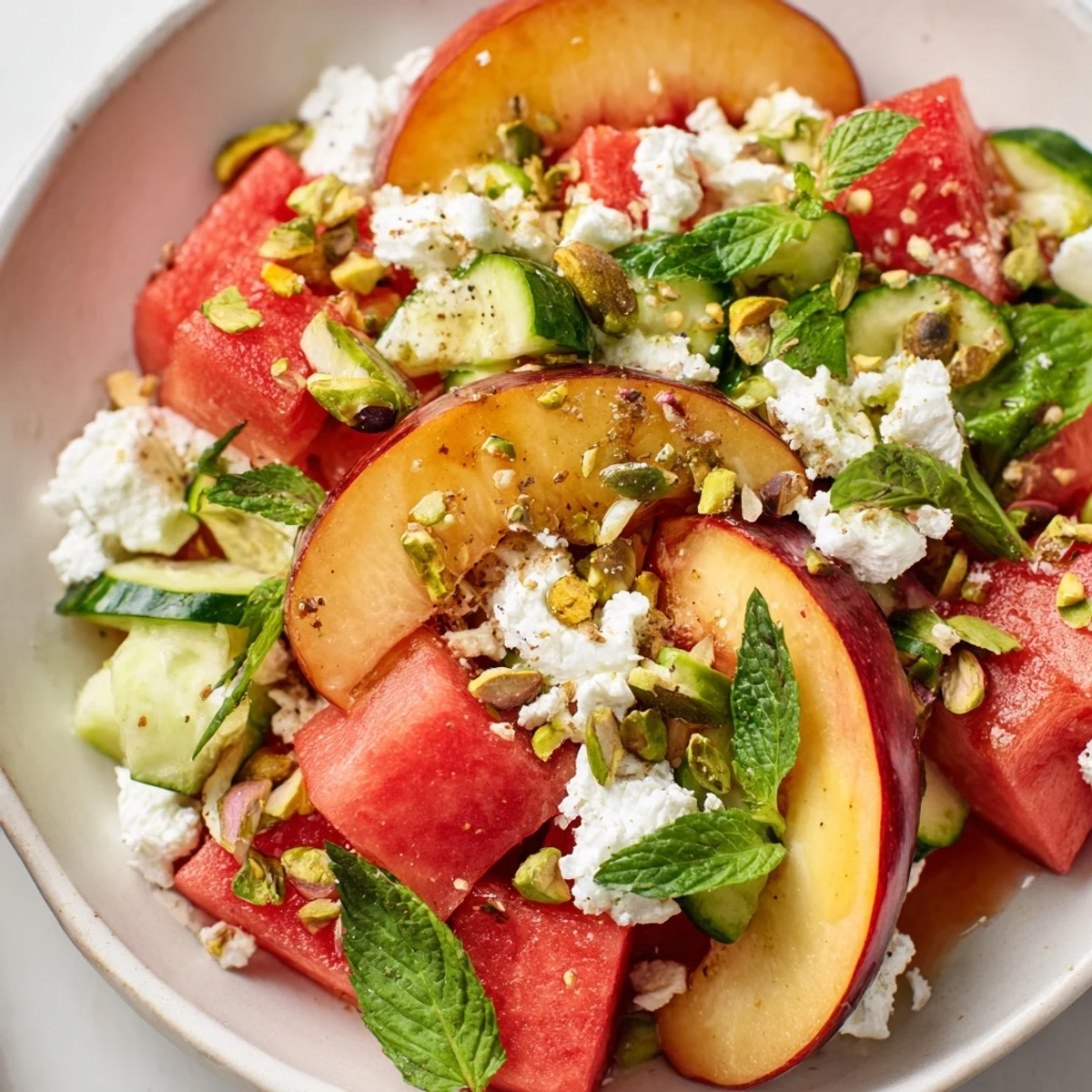 Bowl of Summer Peach Watermelon Salad garnished with basil, pistachios, lime