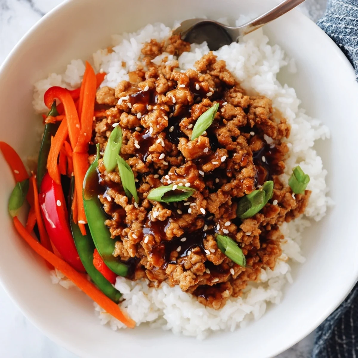 Steam rising from Teriyaki Turkey Rice Bowls garnished with sesame seeds