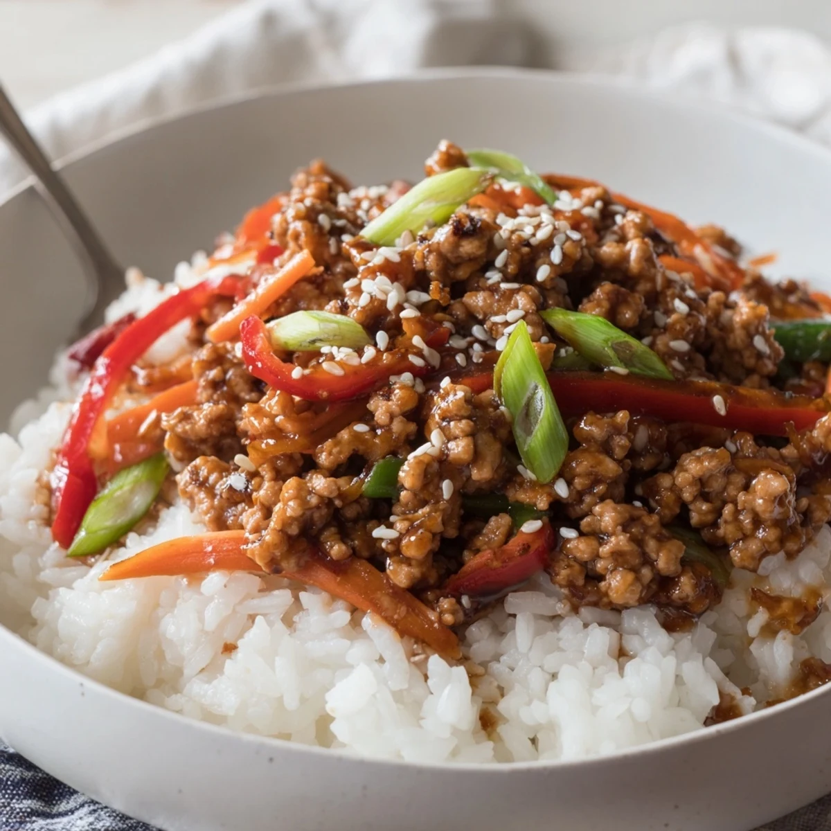 Teriyaki Turkey Rice Bowls with glossy sauce, tender turkey, crisp bell pepper