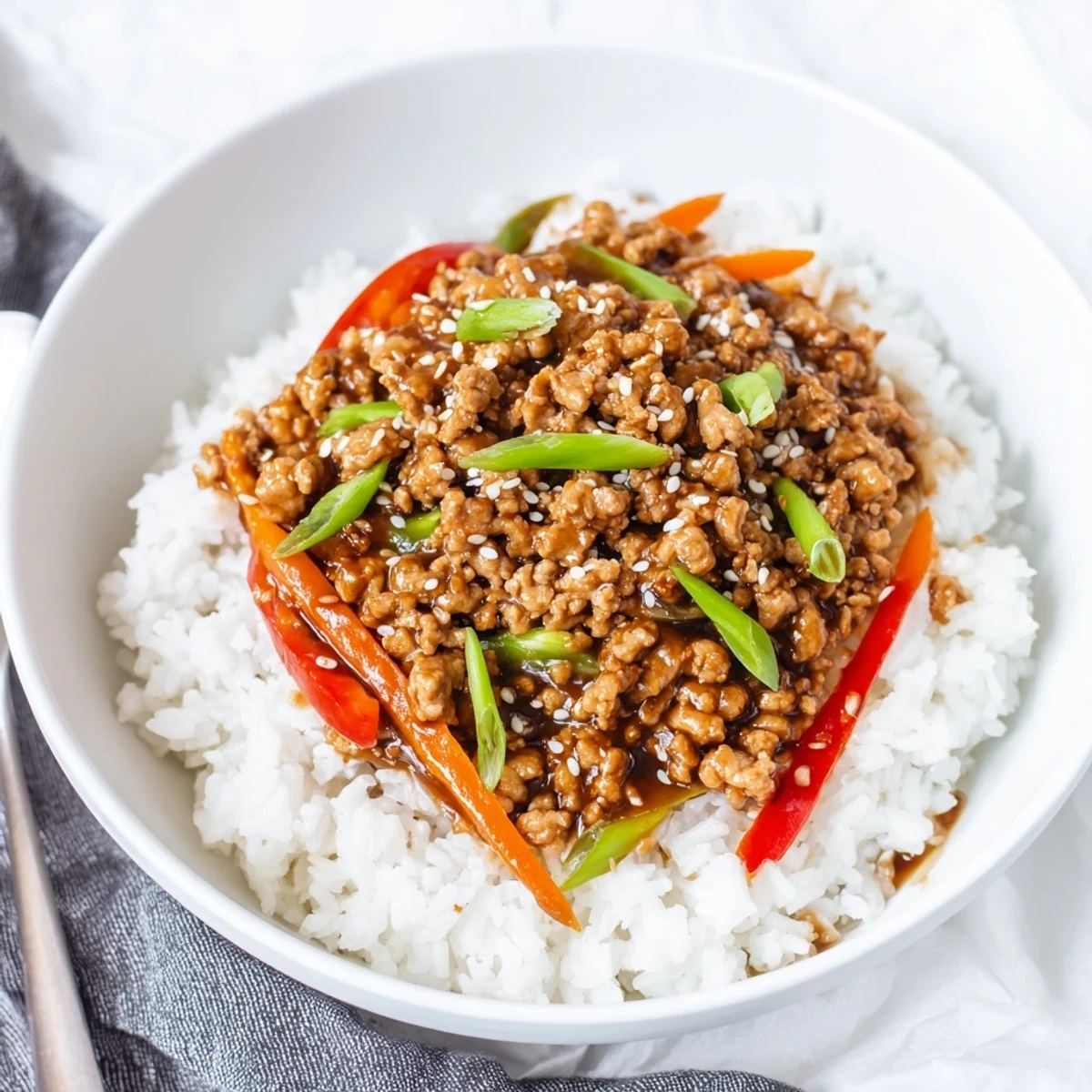 Family-style Teriyaki Turkey Rice Bowls savory glazed turkey over fluffy jasmine rice