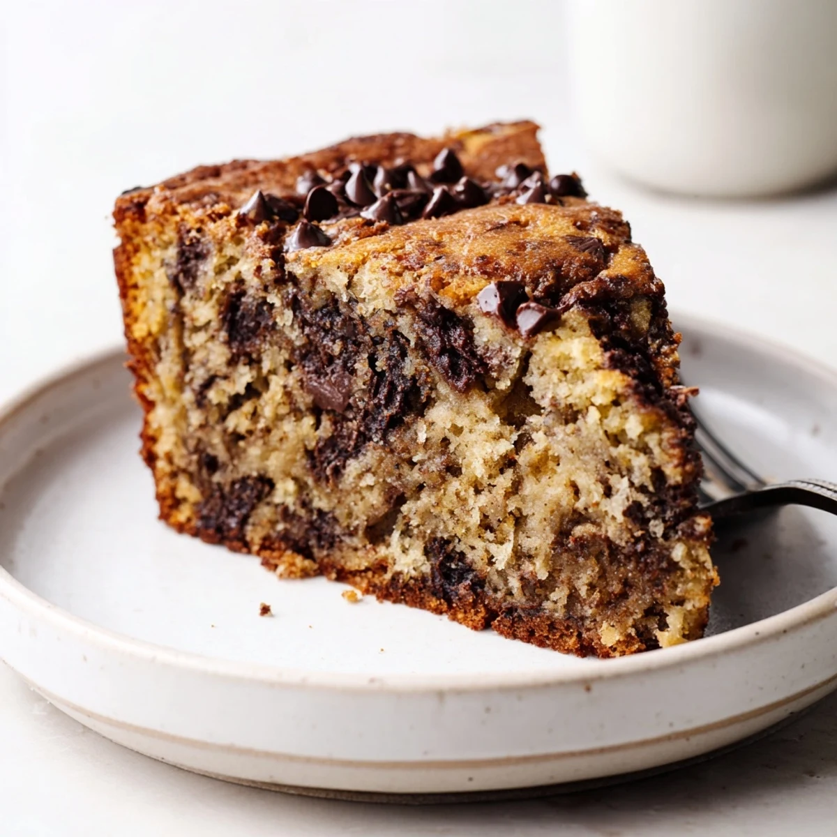 Sliced Banana Chocolate Chip Cake on cooling rack, tender crumb, melting chips