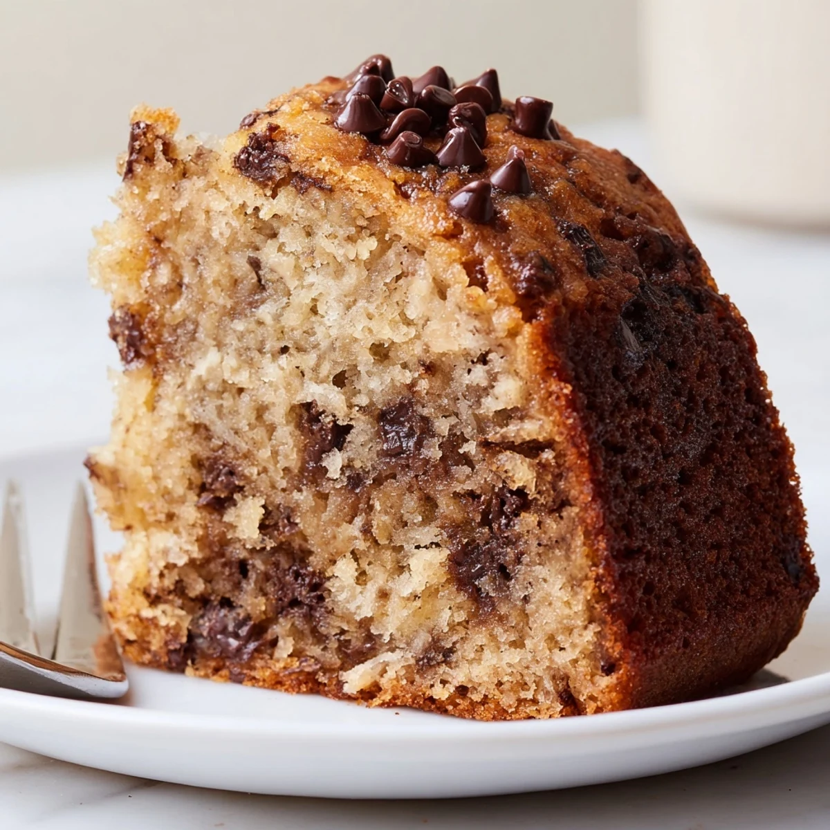 Homestyle Banana Chocolate Chip Cake served warm with vanilla ice cream