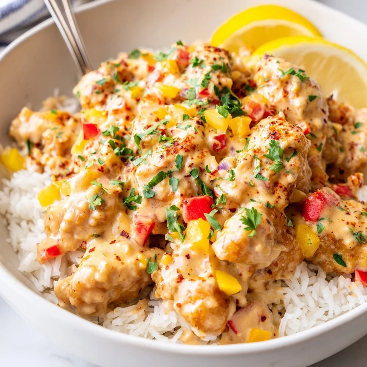 Creamy Cajun Chicken Rice Bowls with tender chicken, colorful bell peppers, and parsley.