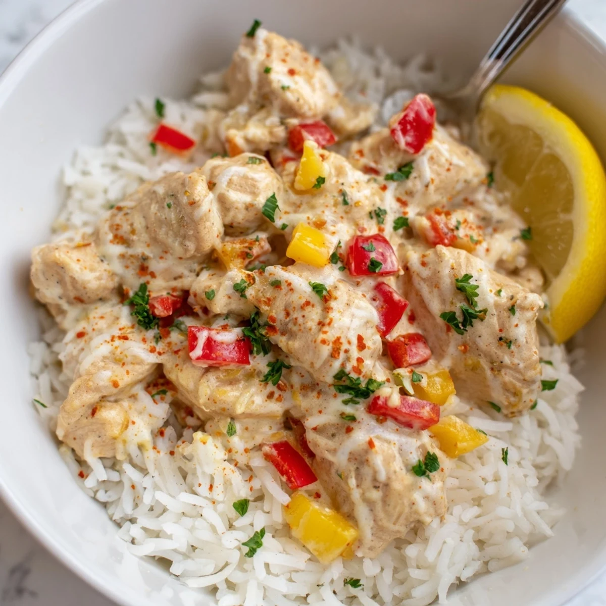 Skillet-style Creamy Cajun Chicken Rice Bowls served with fluffy rice and lemon.