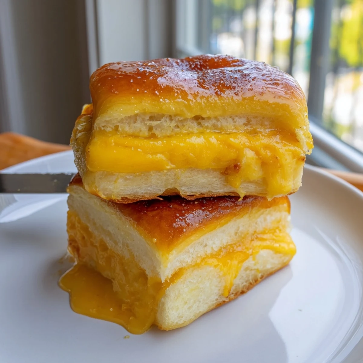 Golden-brown Mini Grilled Cheese Hawaiian Rolls baking on parchment, cheese oozing