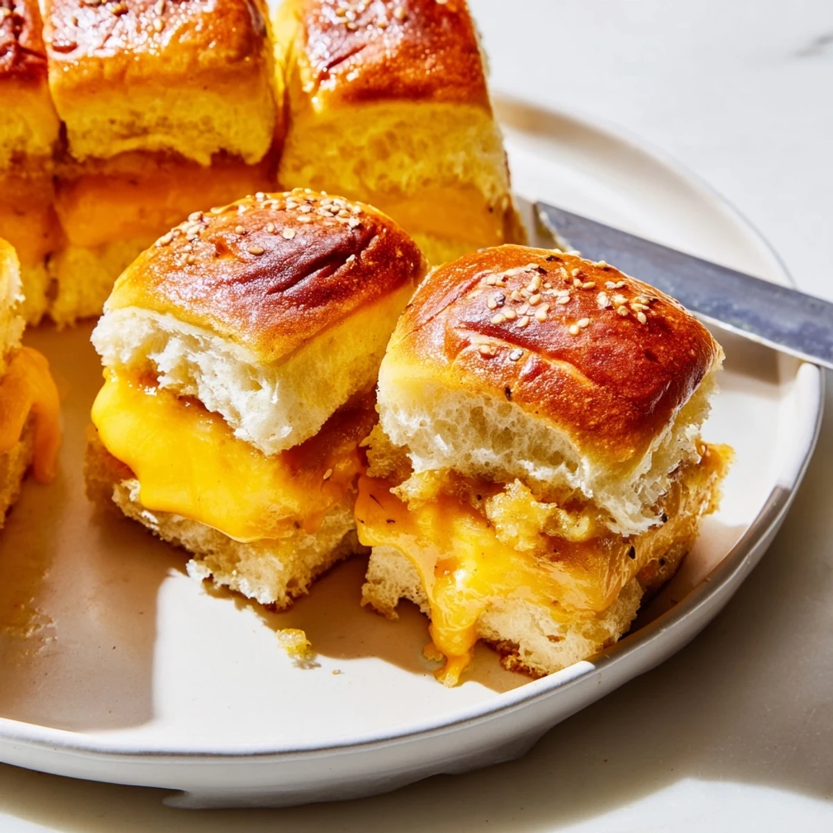Buttery-topped Mini Grilled Cheese Hawaiian Rolls, bite-sized party snacks with melted cheddar