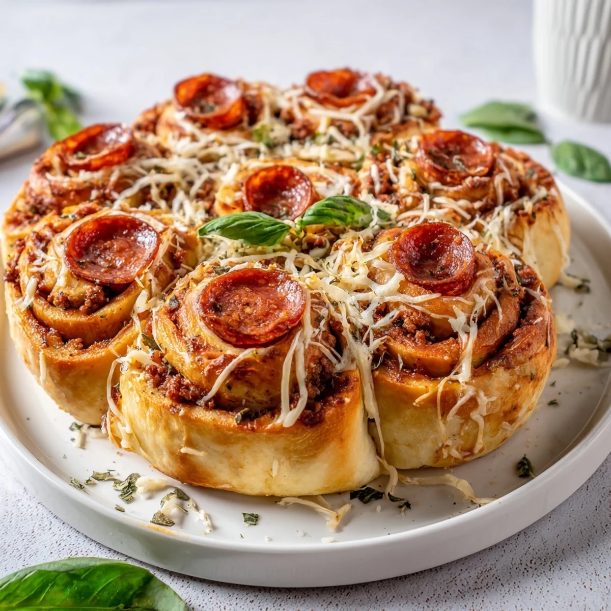Family-style Cheesy Beef Pepperoni Pizza Roll Ups Snack Recipe, crispy edges, gooey center