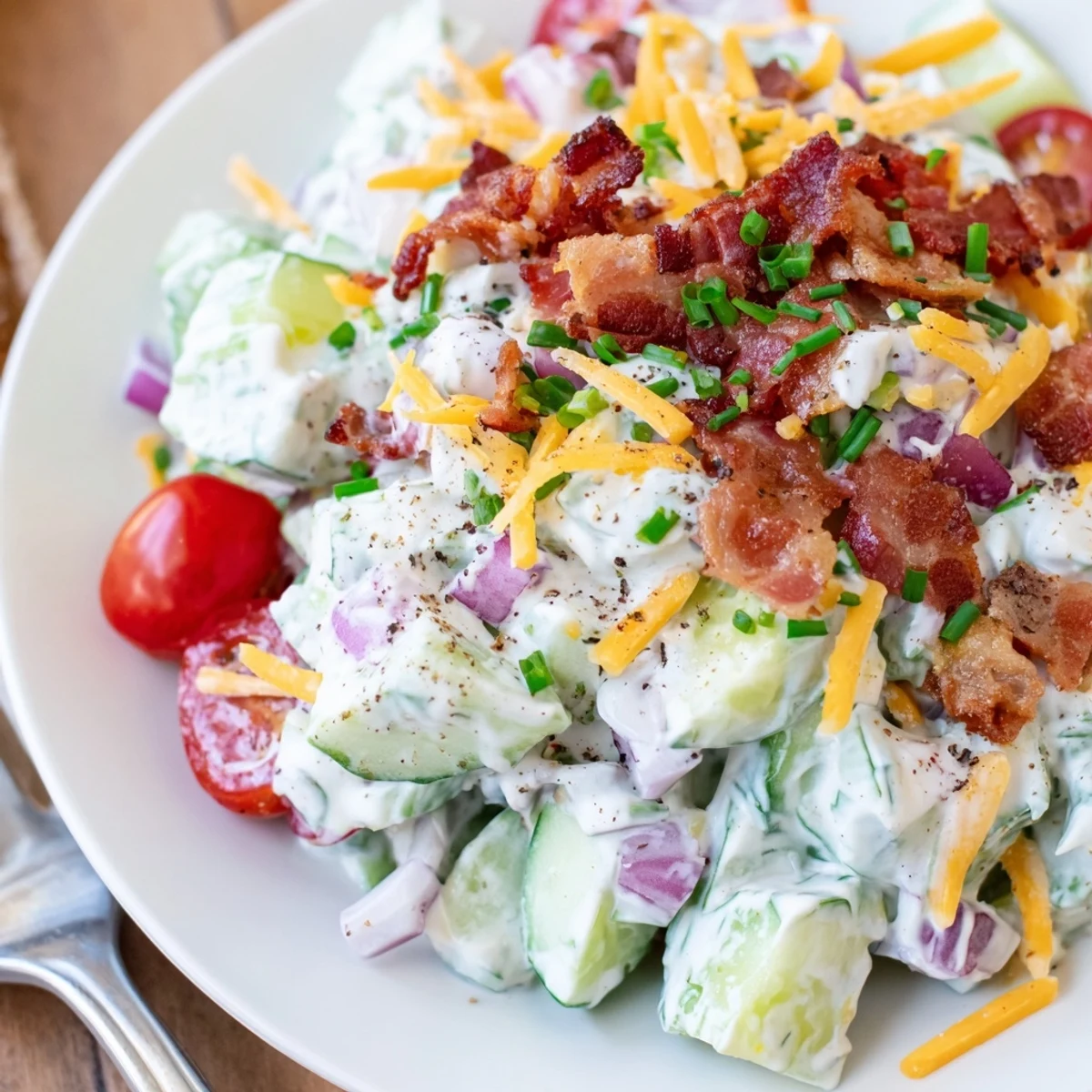 Cucumber Ranch Crack Salad piled in bowl, crisp cucumbers, smoky bacon