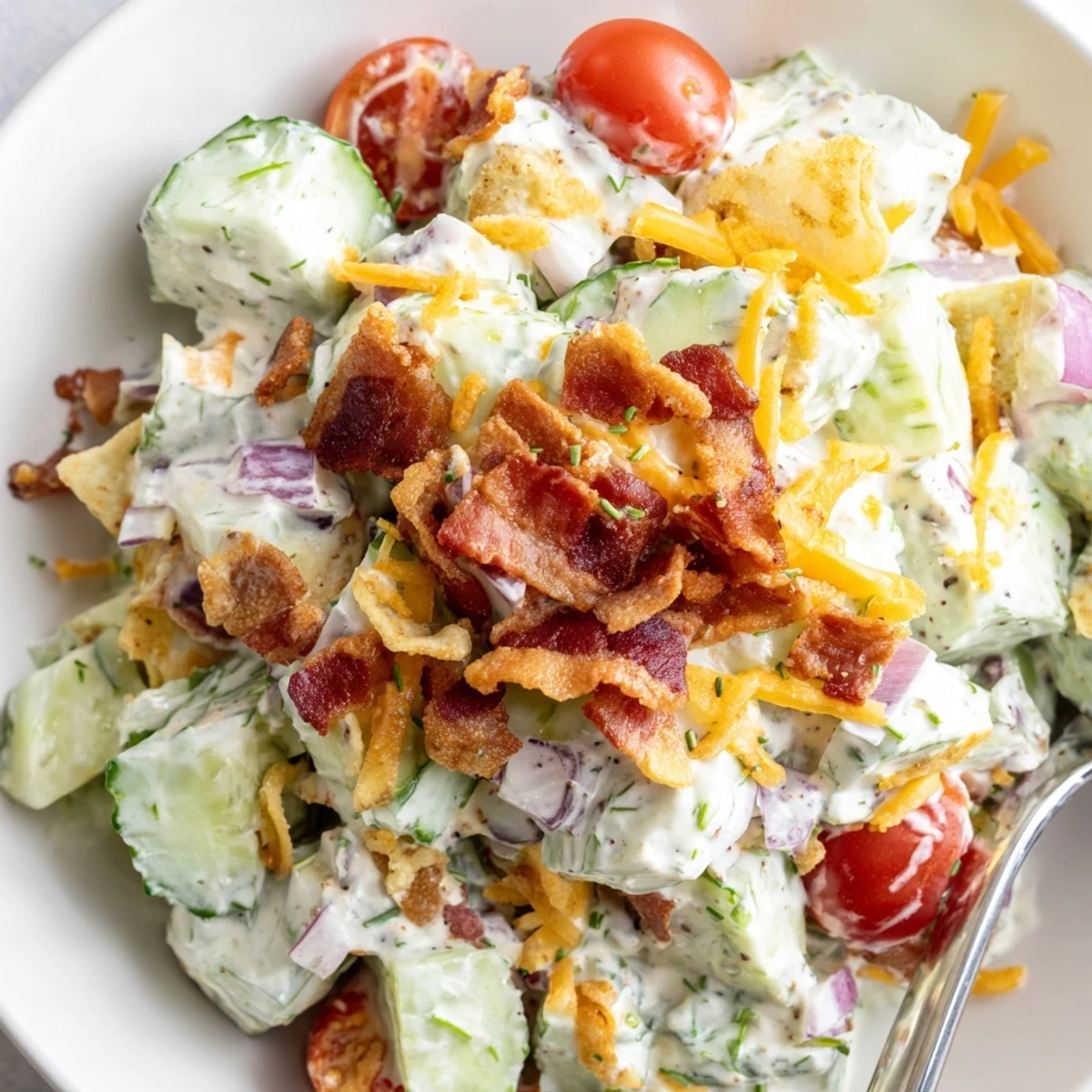 Homestyle Cucumber Ranch Crack Salad with cheddar, chives, perfect for potlucks