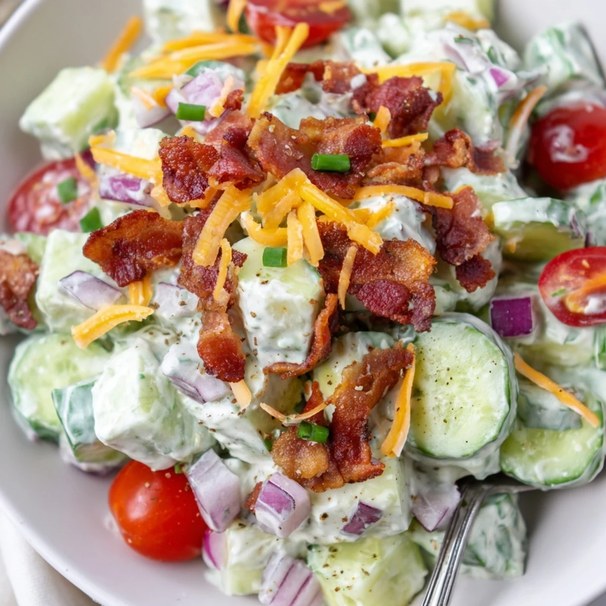 Creamy Cucumber Ranch Crack Salad topped with crunchy chips and chives