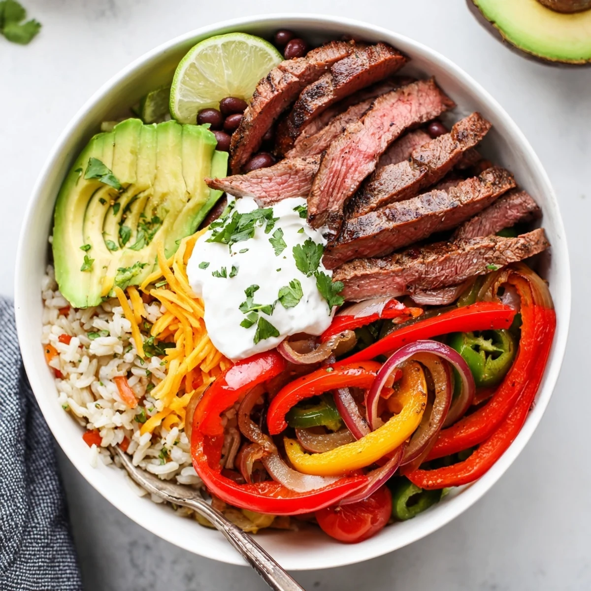 Steak Fajita Power Bowls with sizzling marinated steak, peppers, avocado slices