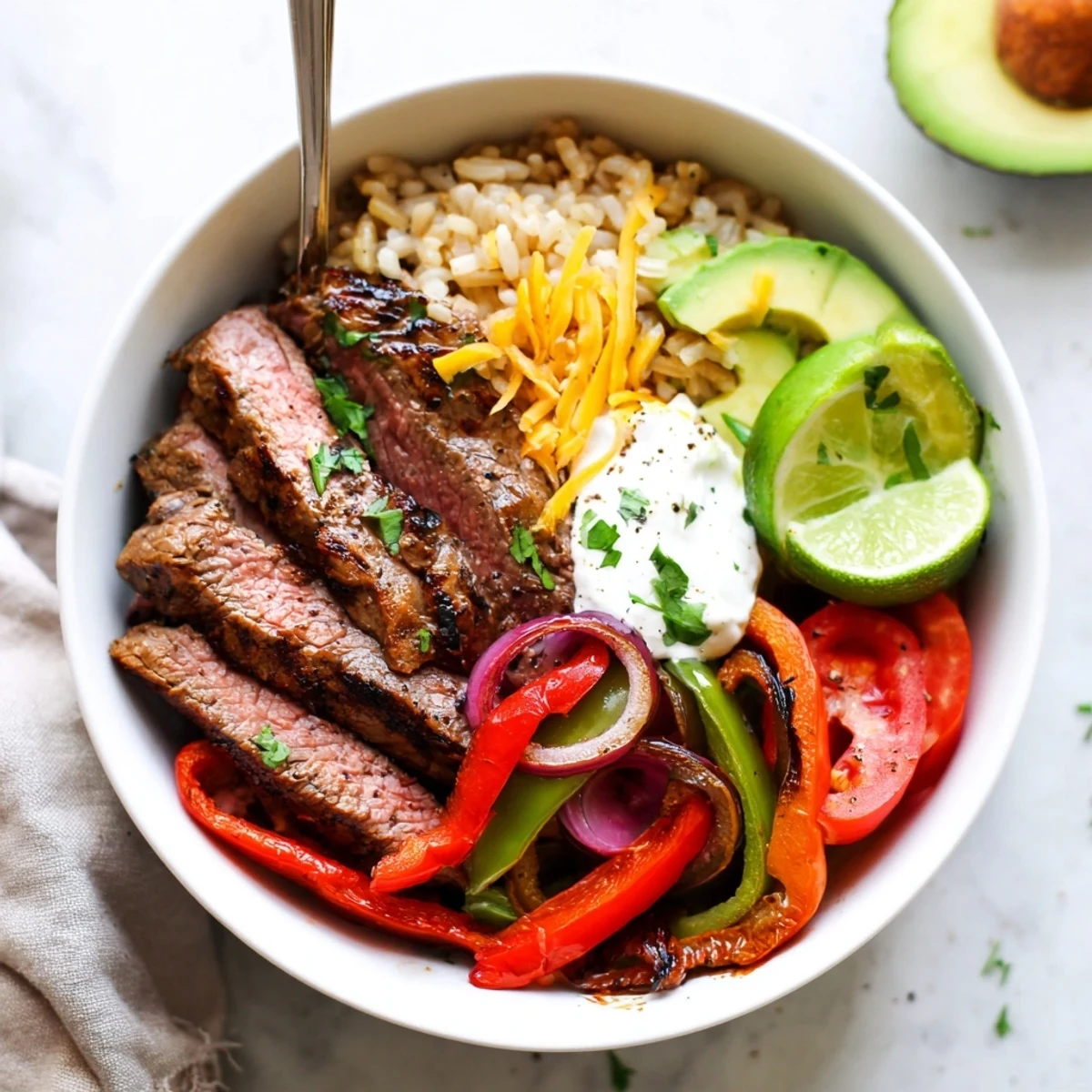 Bright Steak Fajita Power Bowls plated with cilantro, lime wedges, warm rice