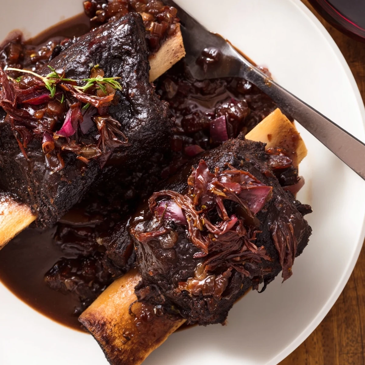 Slow Cooker Beef Short Ribs falling off bone in glossy, savory red-wine sauce