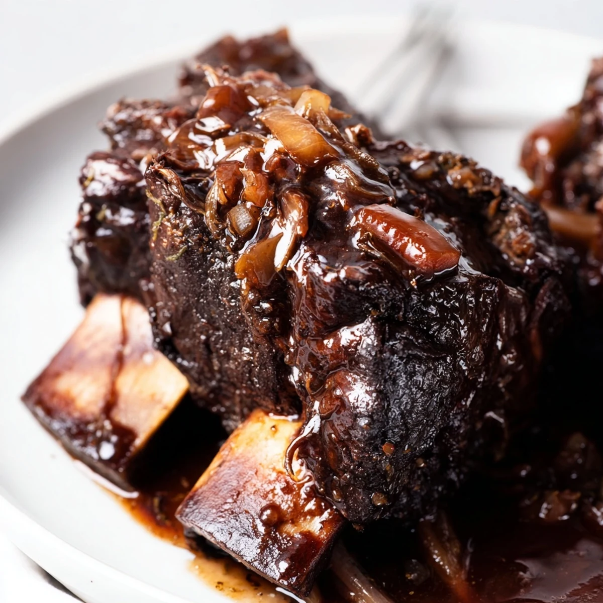 Nestled on carrots and onions, Slow Cooker Beef Short Ribs served with mashed potatoes