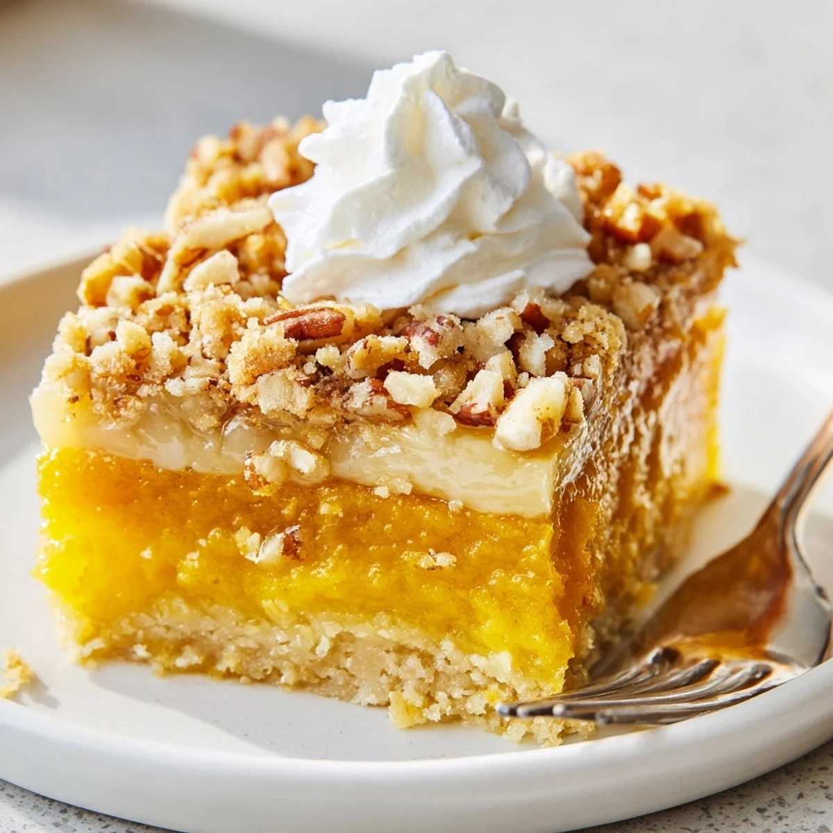 Pumpkin Dump Cake bubbling golden with pecan crunch, served with vanilla ice cream