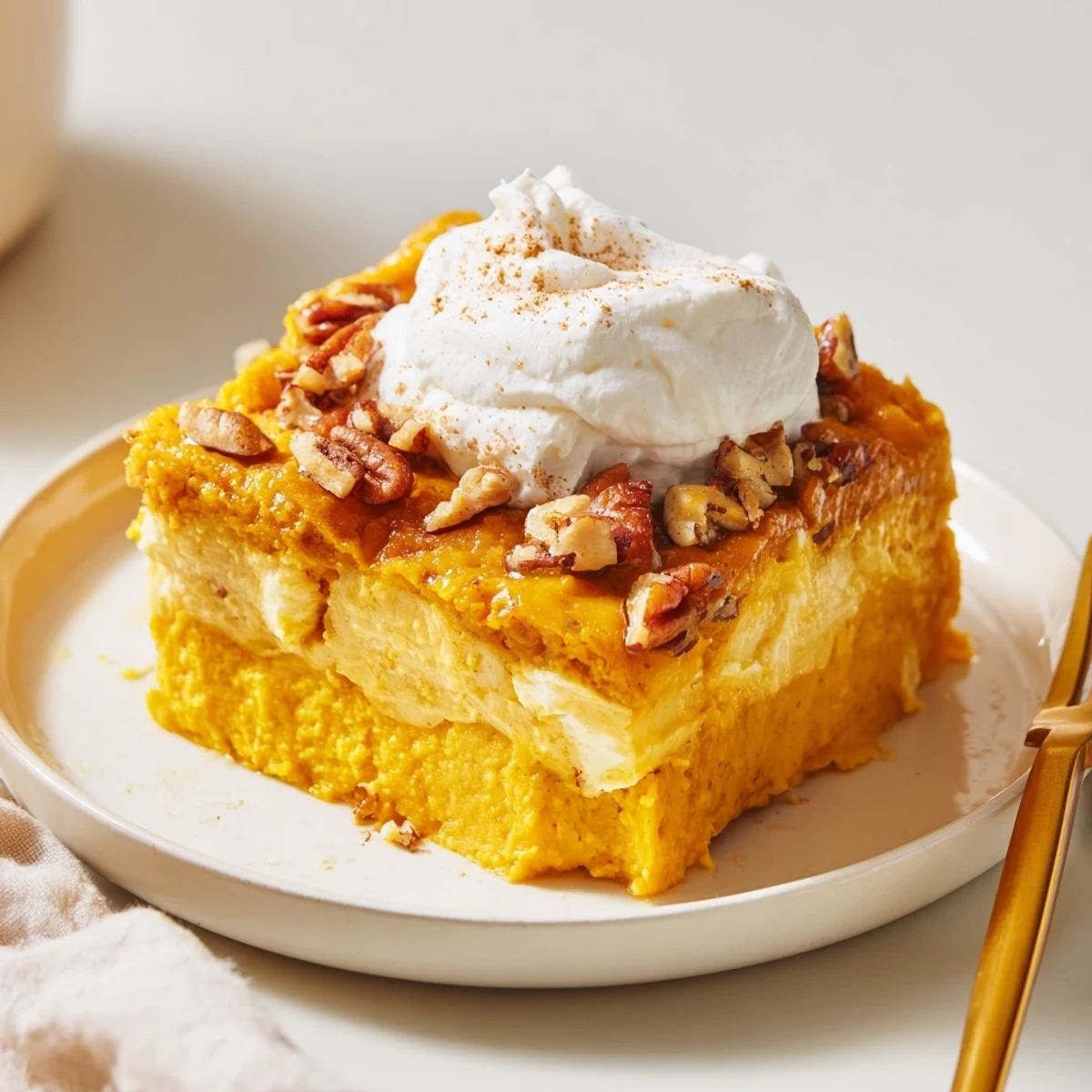 Warm Pumpkin Dump Cake cooling in 9x13-inch pan, spiced aroma wafting