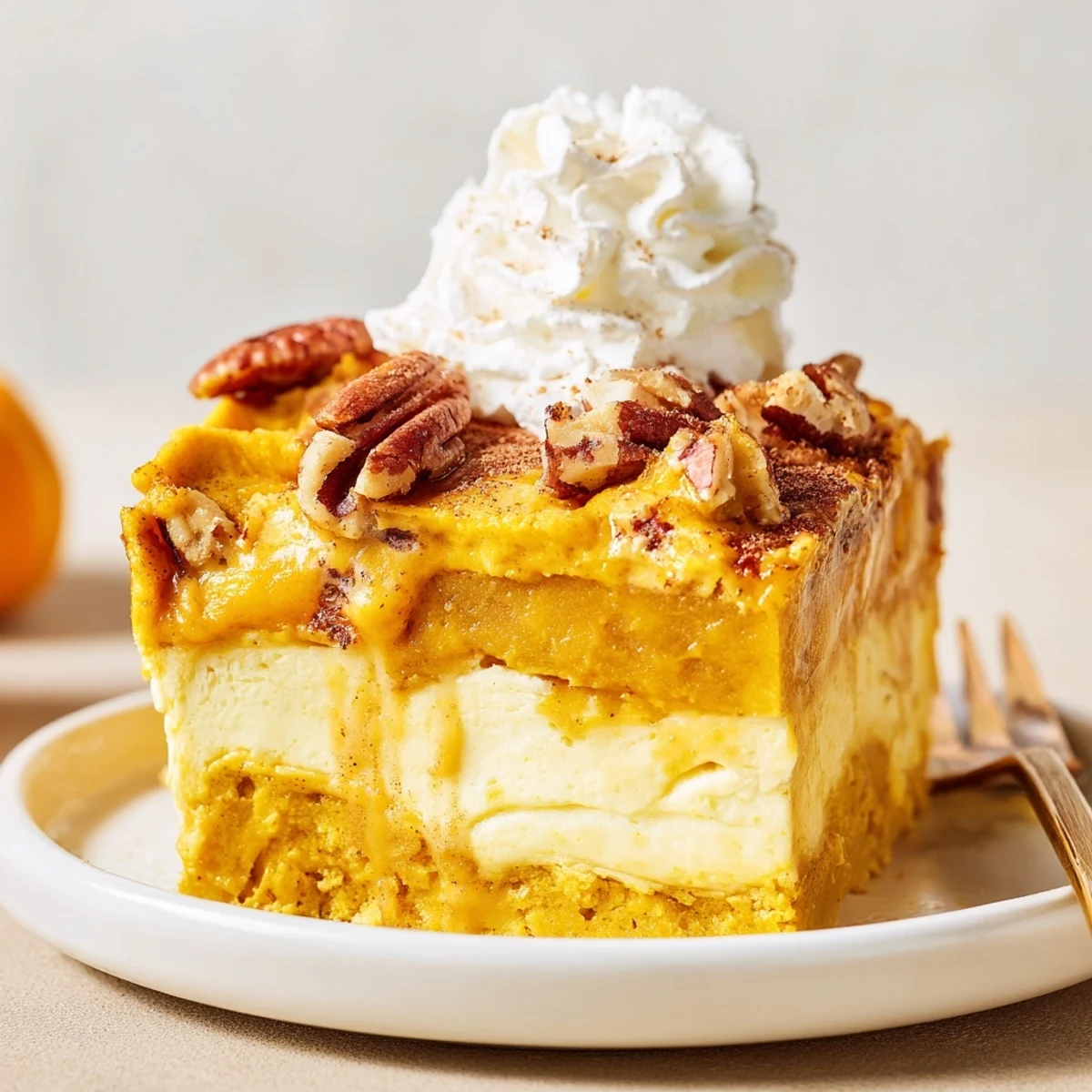 Spoon-ready Pumpkin Dump Cake with creamy pumpkin center and buttery pecan topping