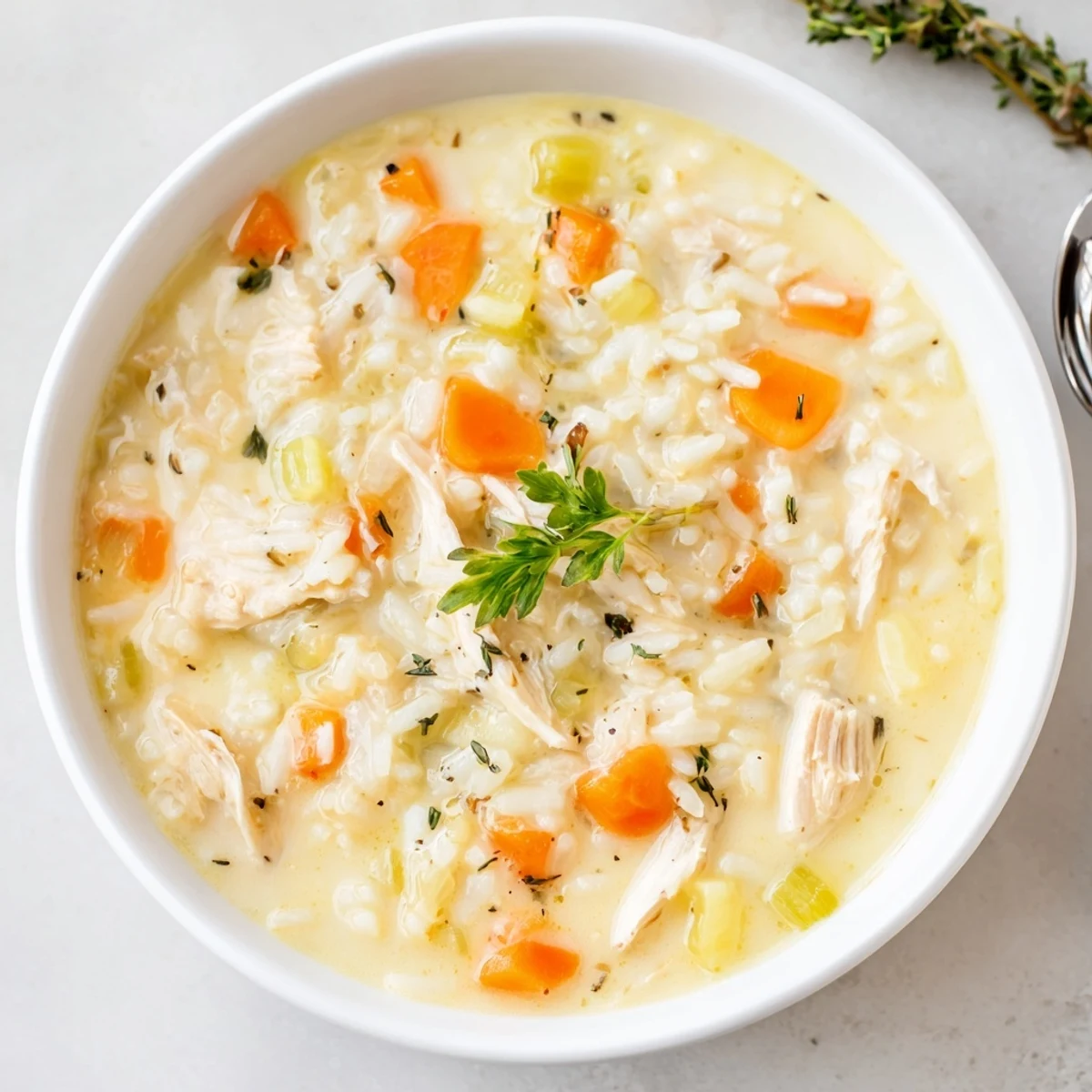 Serve Creamy Chicken Rice Soup hot with lemon squeeze and crusty bread.