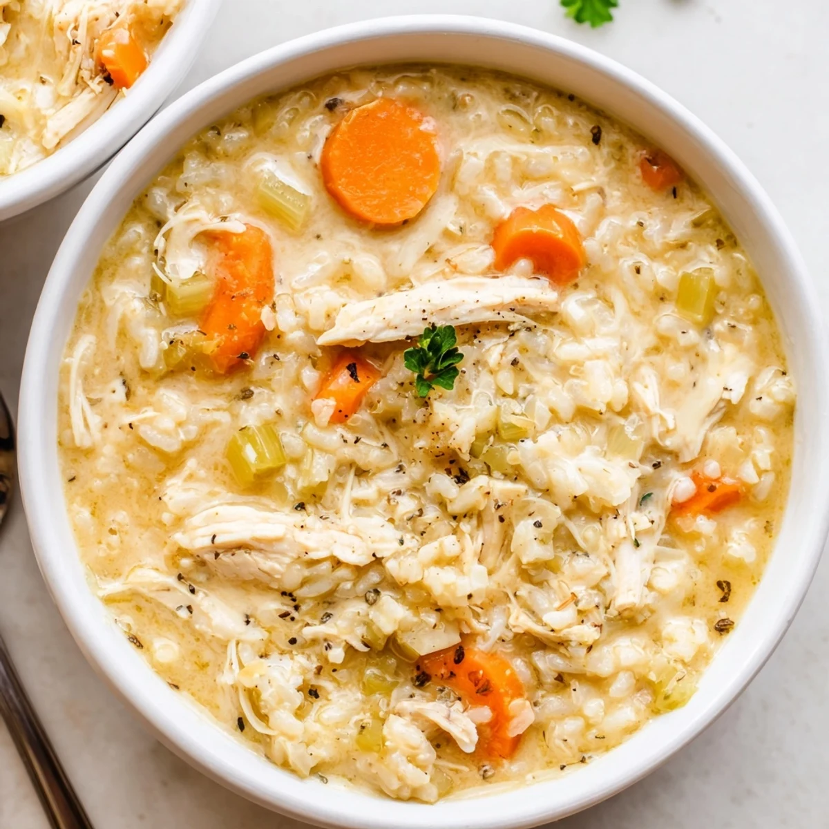 Creamy Chicken Rice Soup steaming in bowl, shredded chicken and silky broth.