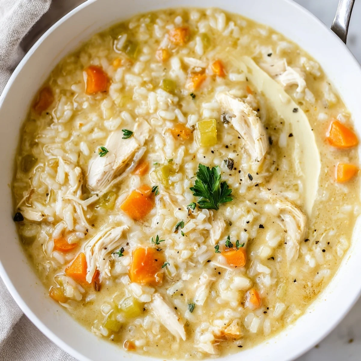 A bowl of Creamy Chicken Rice Soup sprinkled with parsley, comforting and rich.
