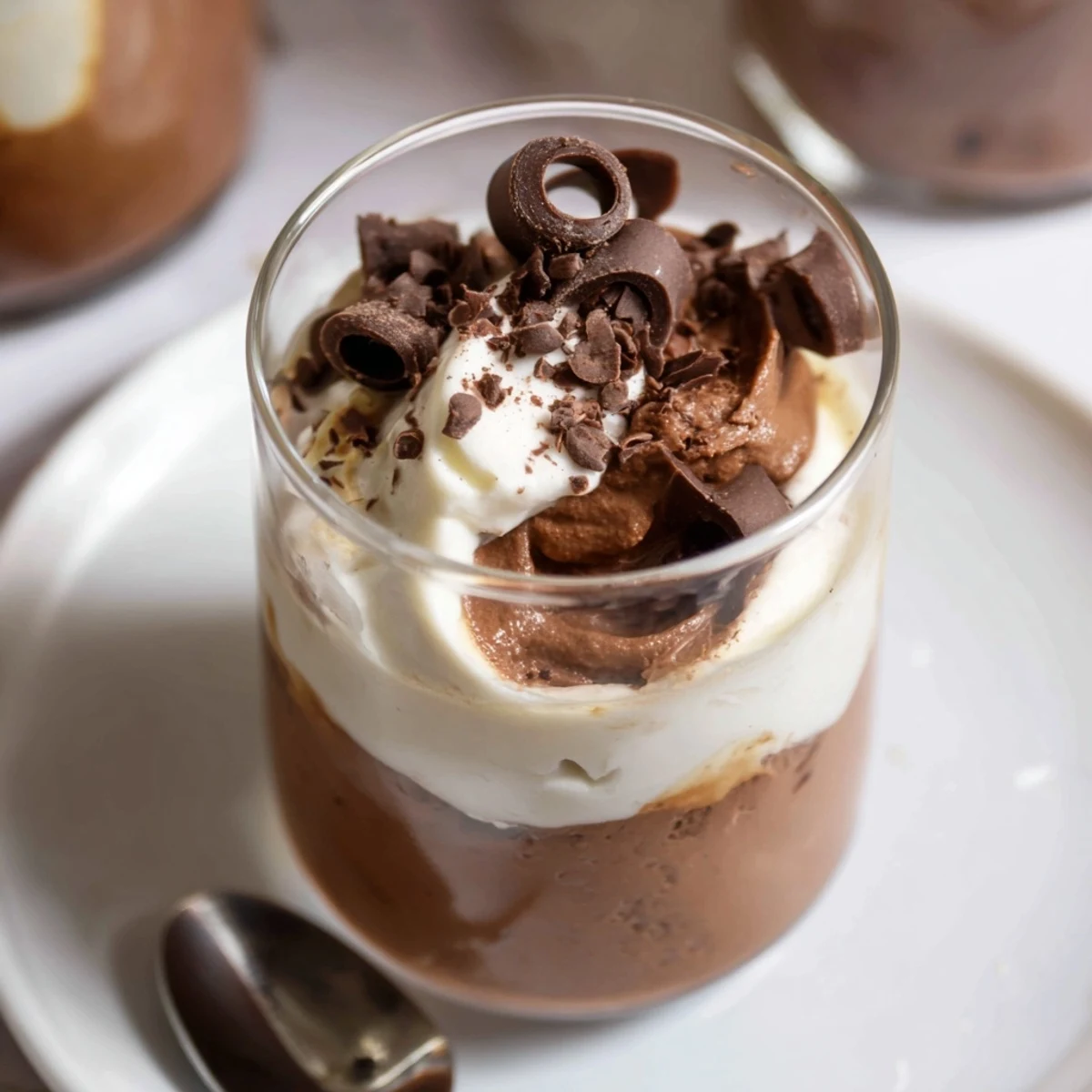 Triple Chocolate Mousse Cups layered in glasses, silky dark, milk, white mousses