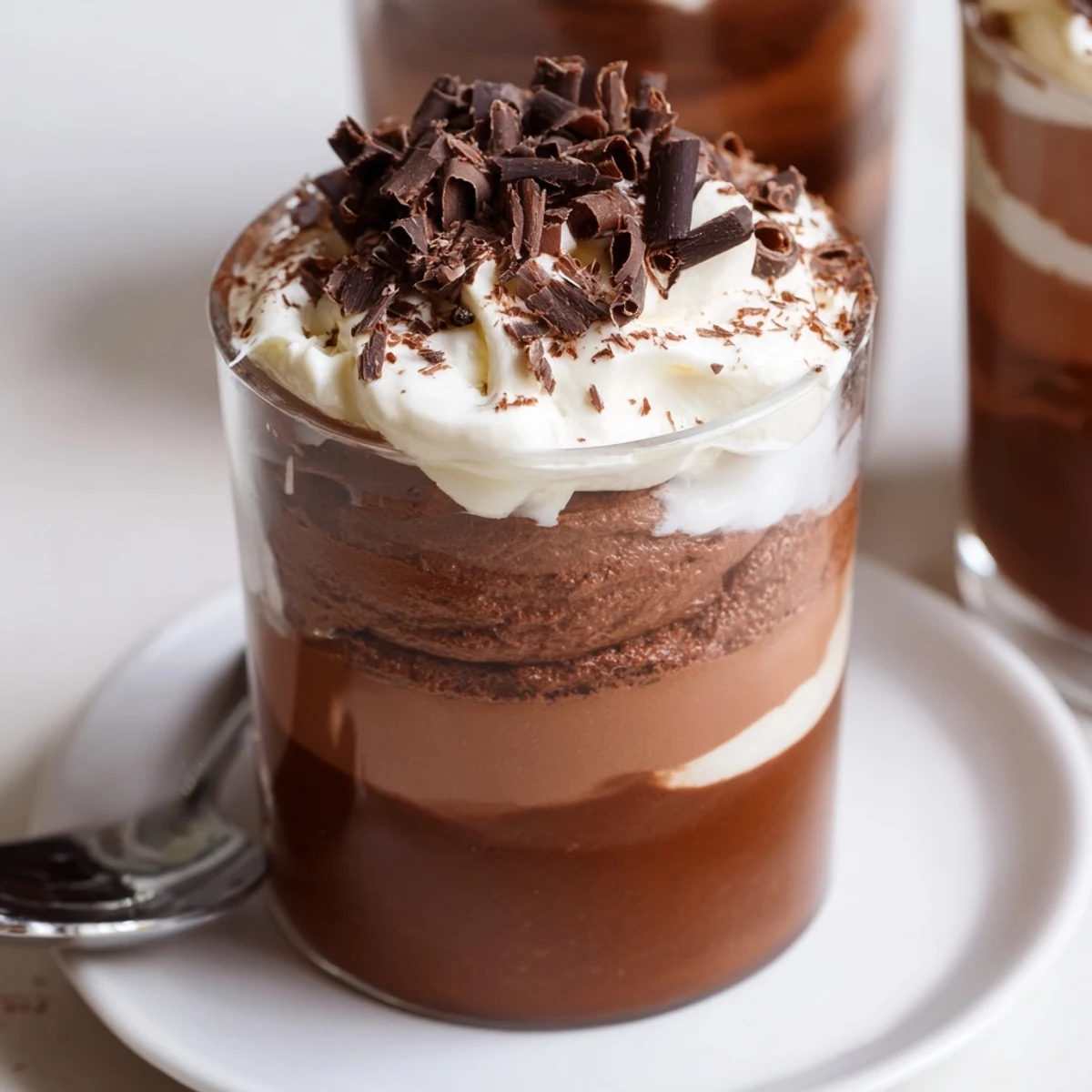Triple Chocolate Mousse Cups served chilled, velvety layers, garnish of cocoa dust