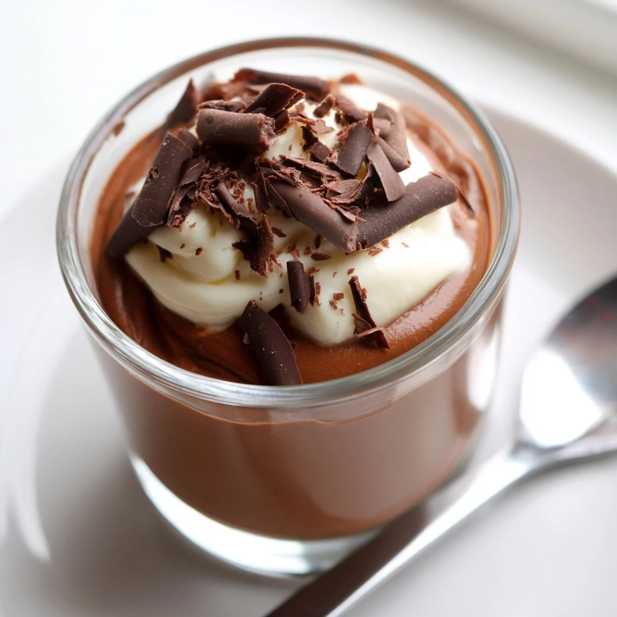 Slices of shaved chocolate topping Triple Chocolate Mousse Cups, rich, creamy indulgence