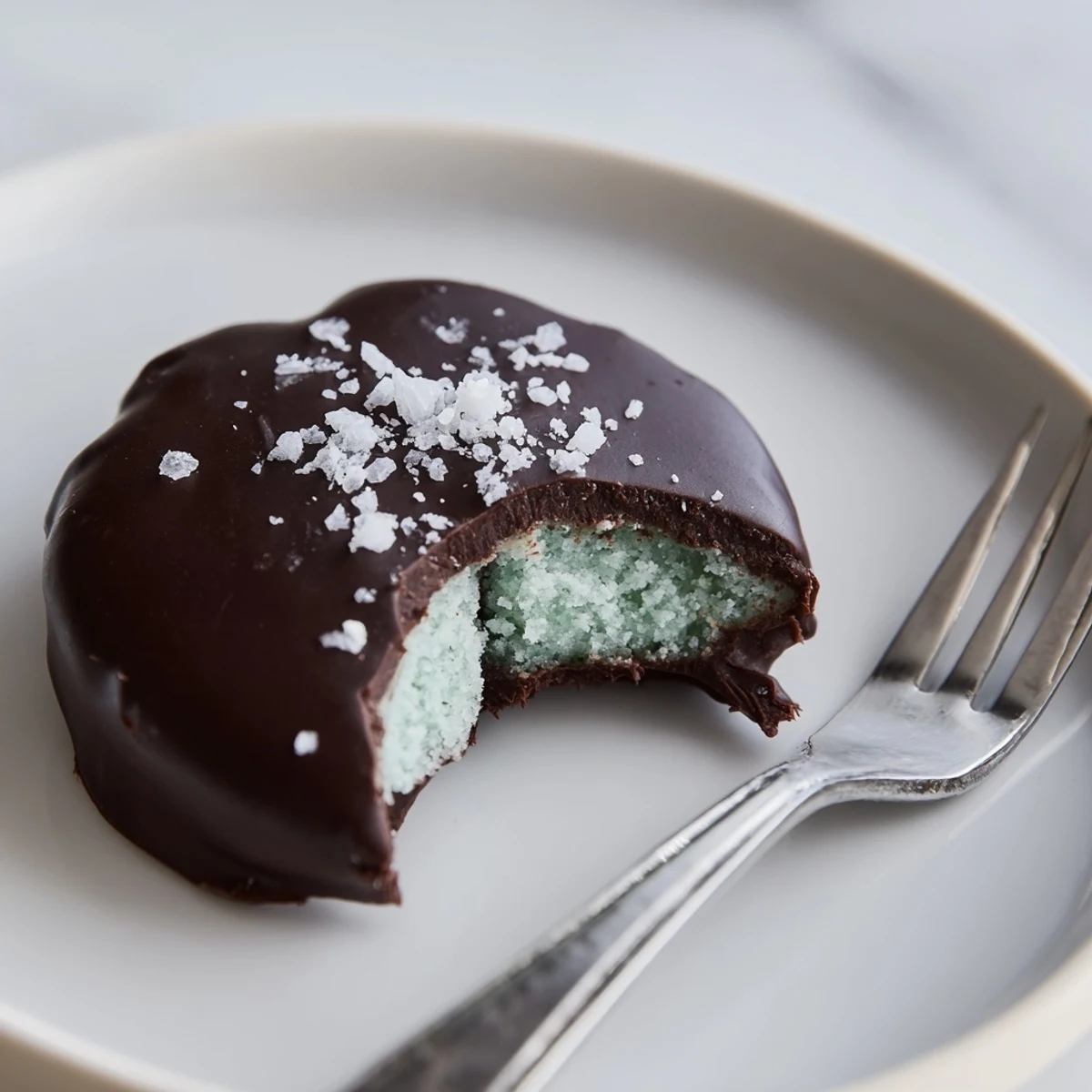 Peppermint Patties glistening in dark chocolate, sliced to reveal creamy mint