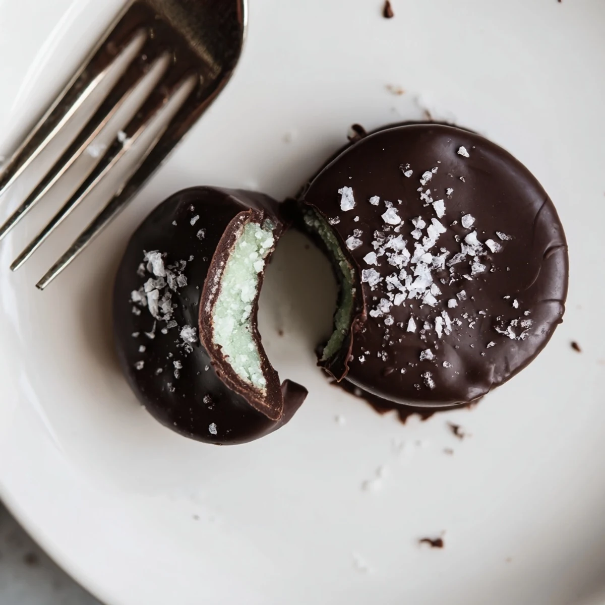 Close up of Peppermint Patties showing silky chocolate shell and snowy filling