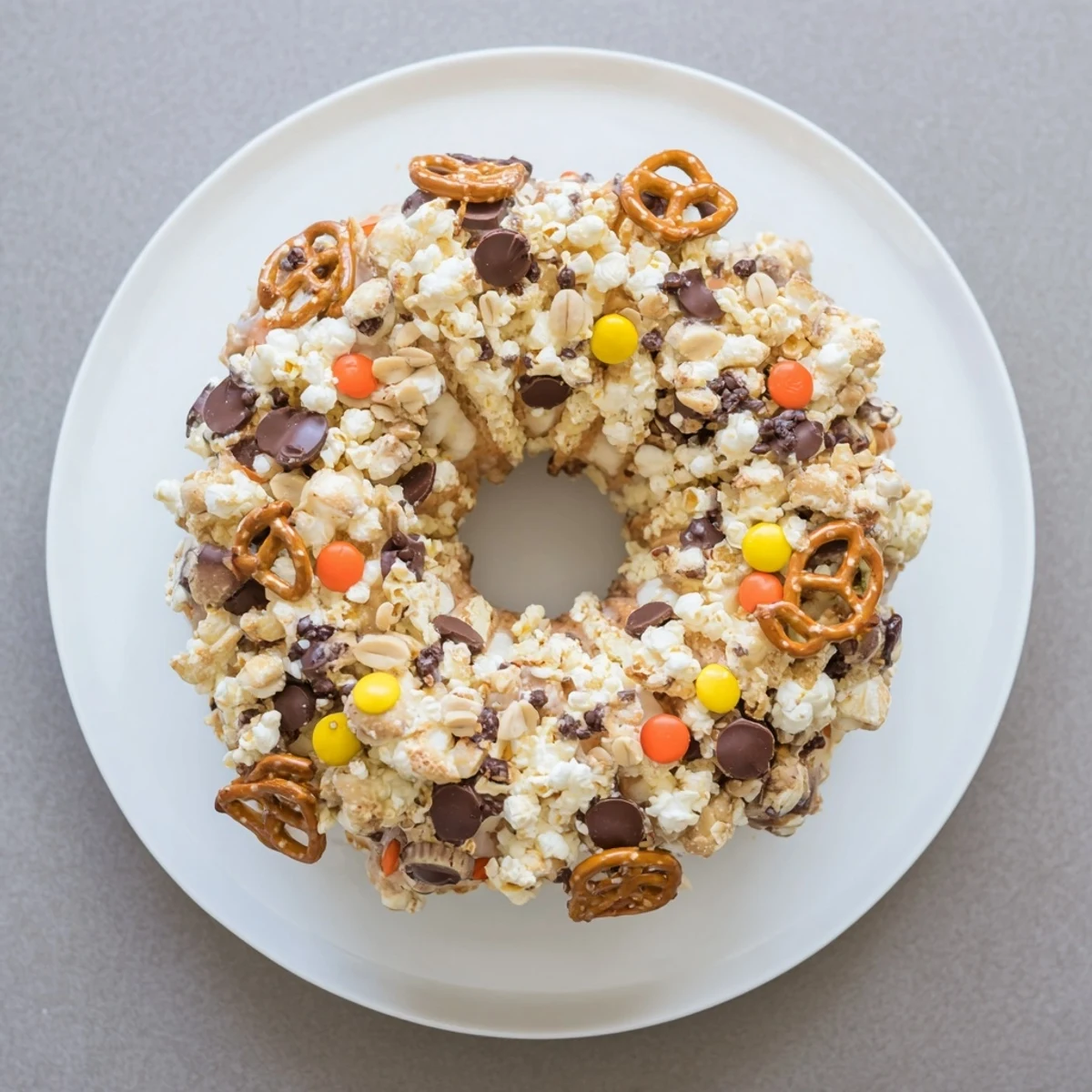 Colorful popcorn cake loaded with marshmallows and candies displayed on a serving platter