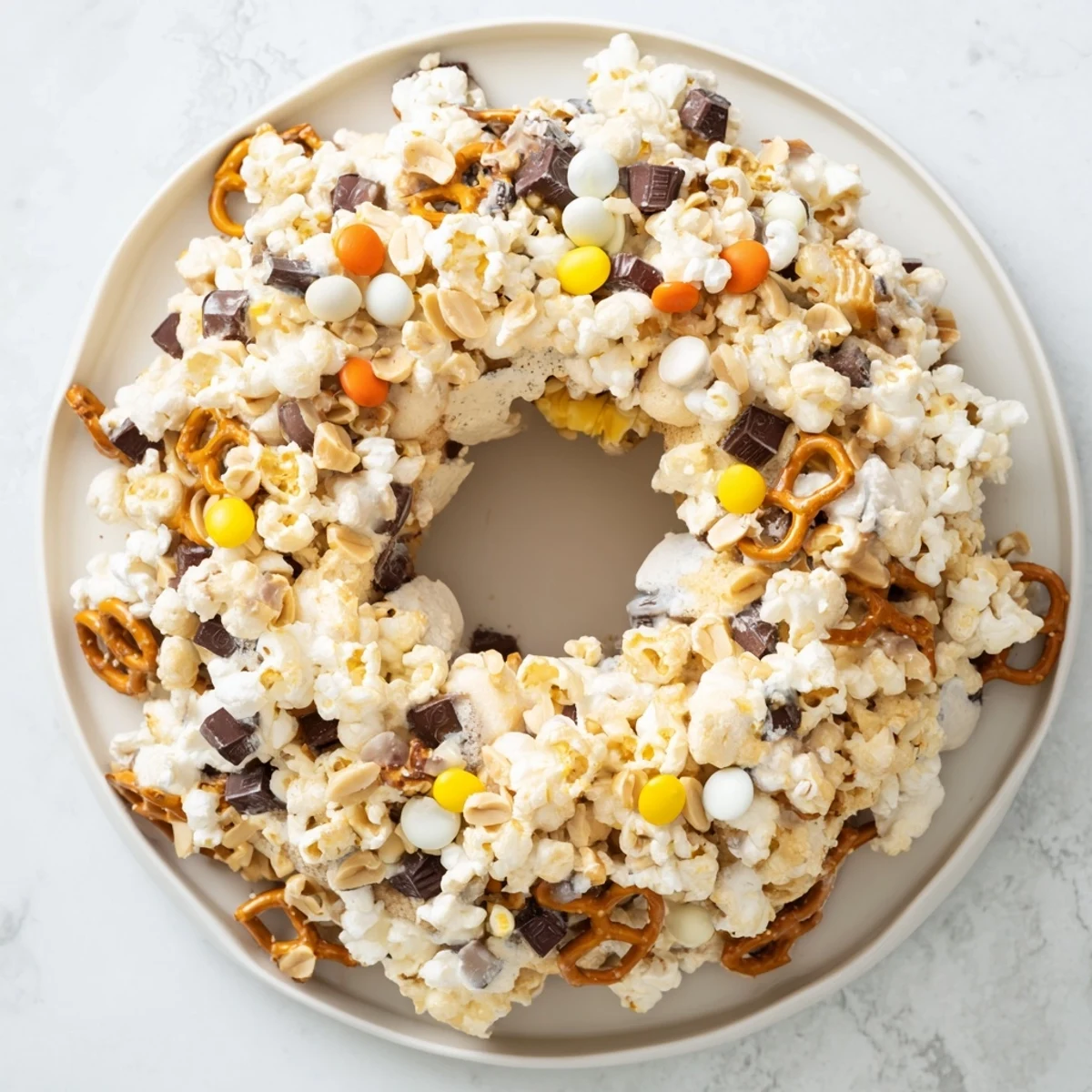 Bundt-shaped popcorn cake topped with pretzels and candies for a festive party dessert