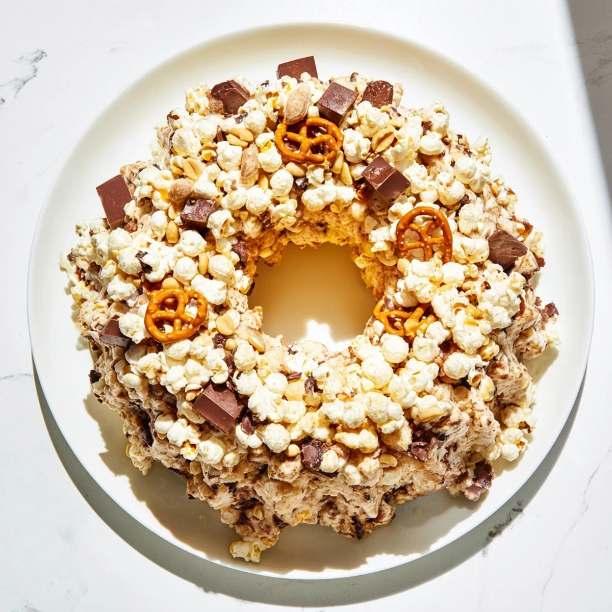 Slice of popcorn cake showing gooey marshmallow coating and colorful chocolate candy pieces