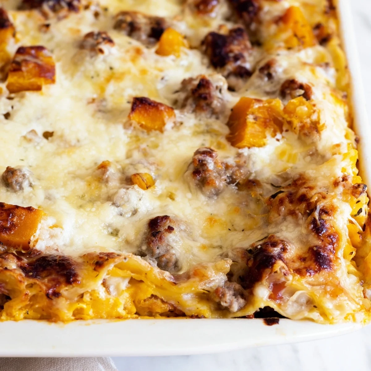 Golden butternut squash sausage lasagna with bubbling mozzarella and layers of tender roasted squash